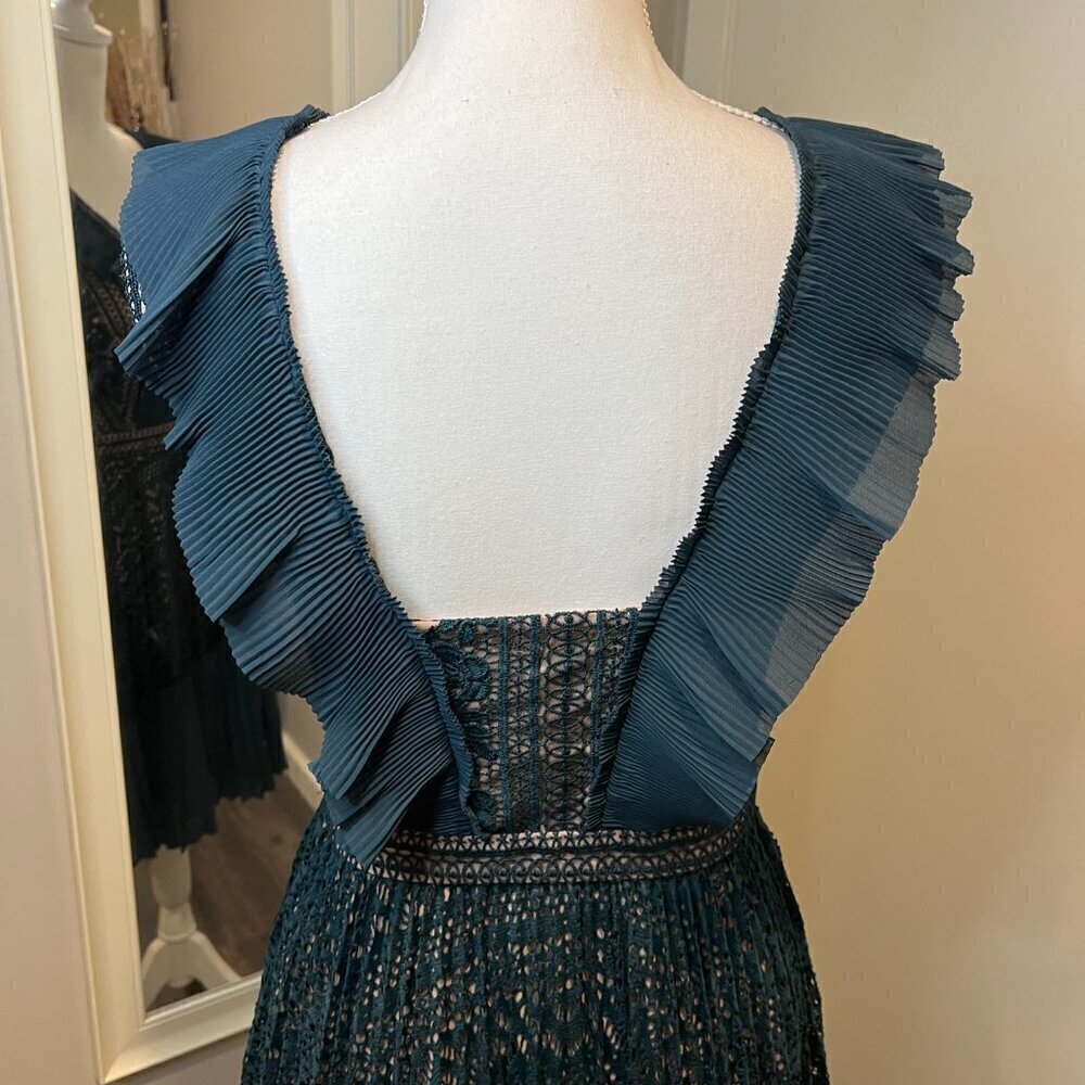 French Connection Teal Orabelle Lace Fit & Flare Ruffle Midi Dress, Size 6 - Picture 12 of 16
